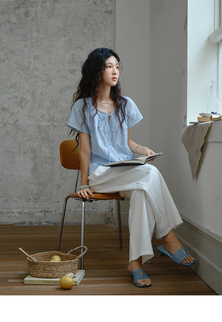 MISHOW Cotton Shirt O-Neck Button Lace Up Hollow Embroidery MXE37X1890