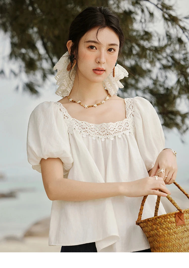 MISHOW Square Collar Puff Sleeve Blouse Lace Splicing MXE32X1780