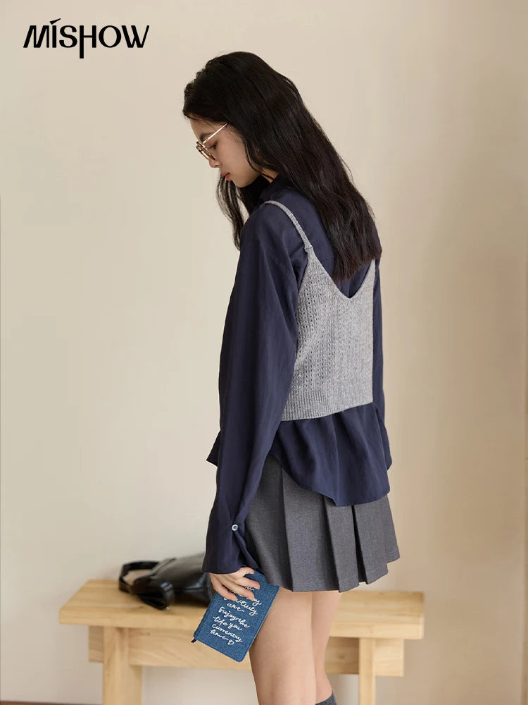 MISHOW Navy Ribbon Layered Shirt Knit Camisole Two-Piece Set MXE47T1412