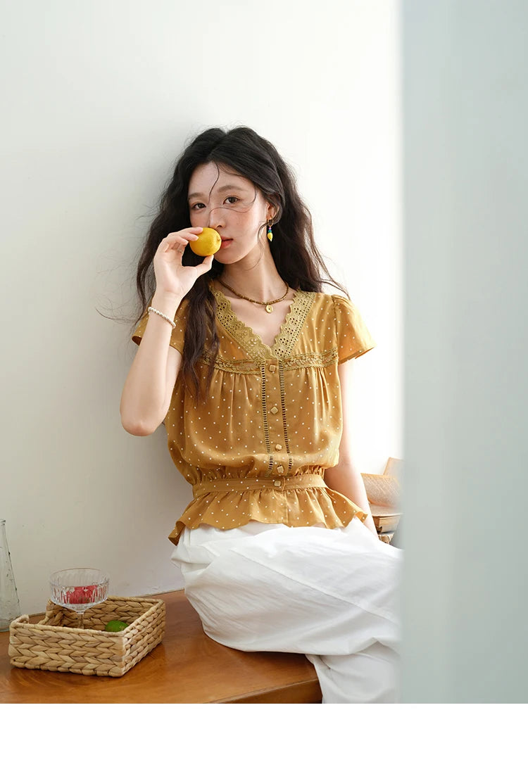 MISHOW V-Neck Lace Polka Dot Blouse Ruffled Button MXE38X1847