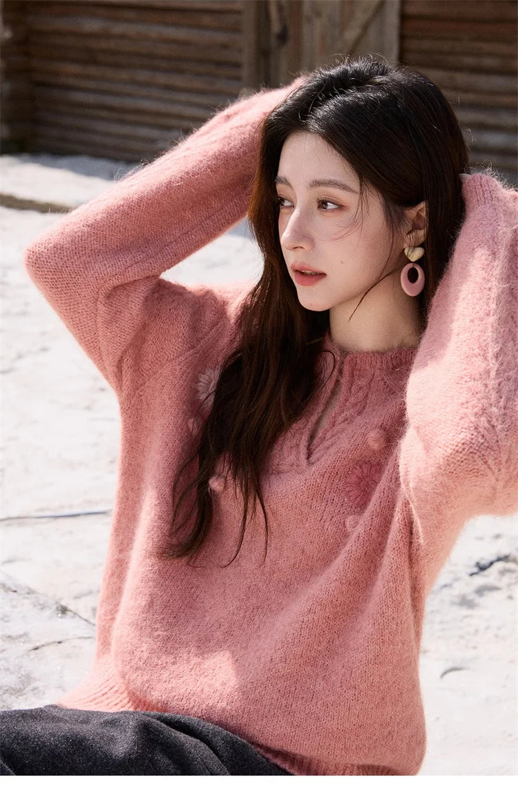 Mishow Raspberry Pink Floral Pom-Pom V-Neck Sweater MXE86Z2740