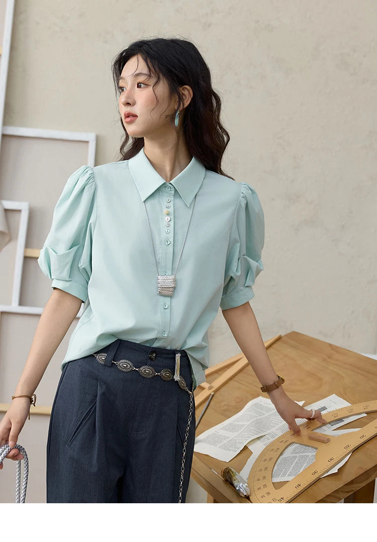 MISHOW Light Green Bubble Sleeve Shirt Lapel Collar Irregular Buttons MXE34C0788