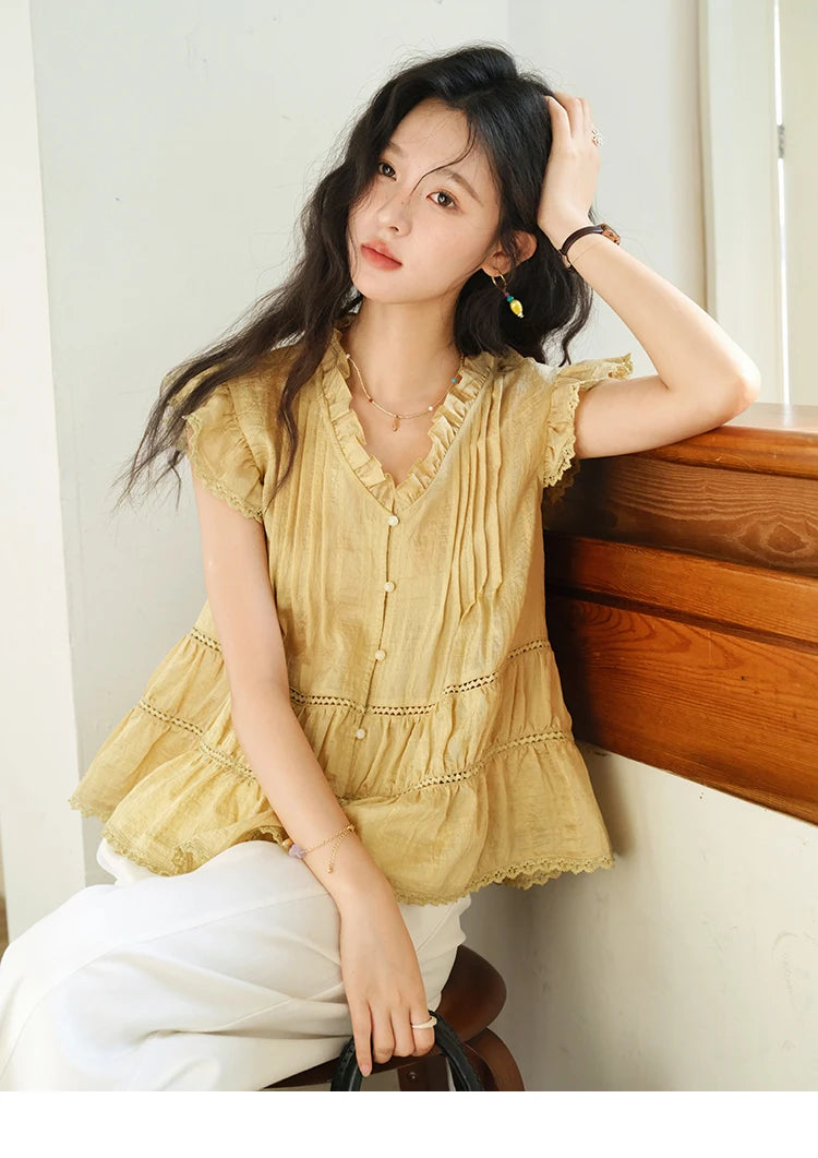 MISHOW Wood Ear V-Neck Shirt Flying Sleeve Wrinkle Spliced MXE37X1908