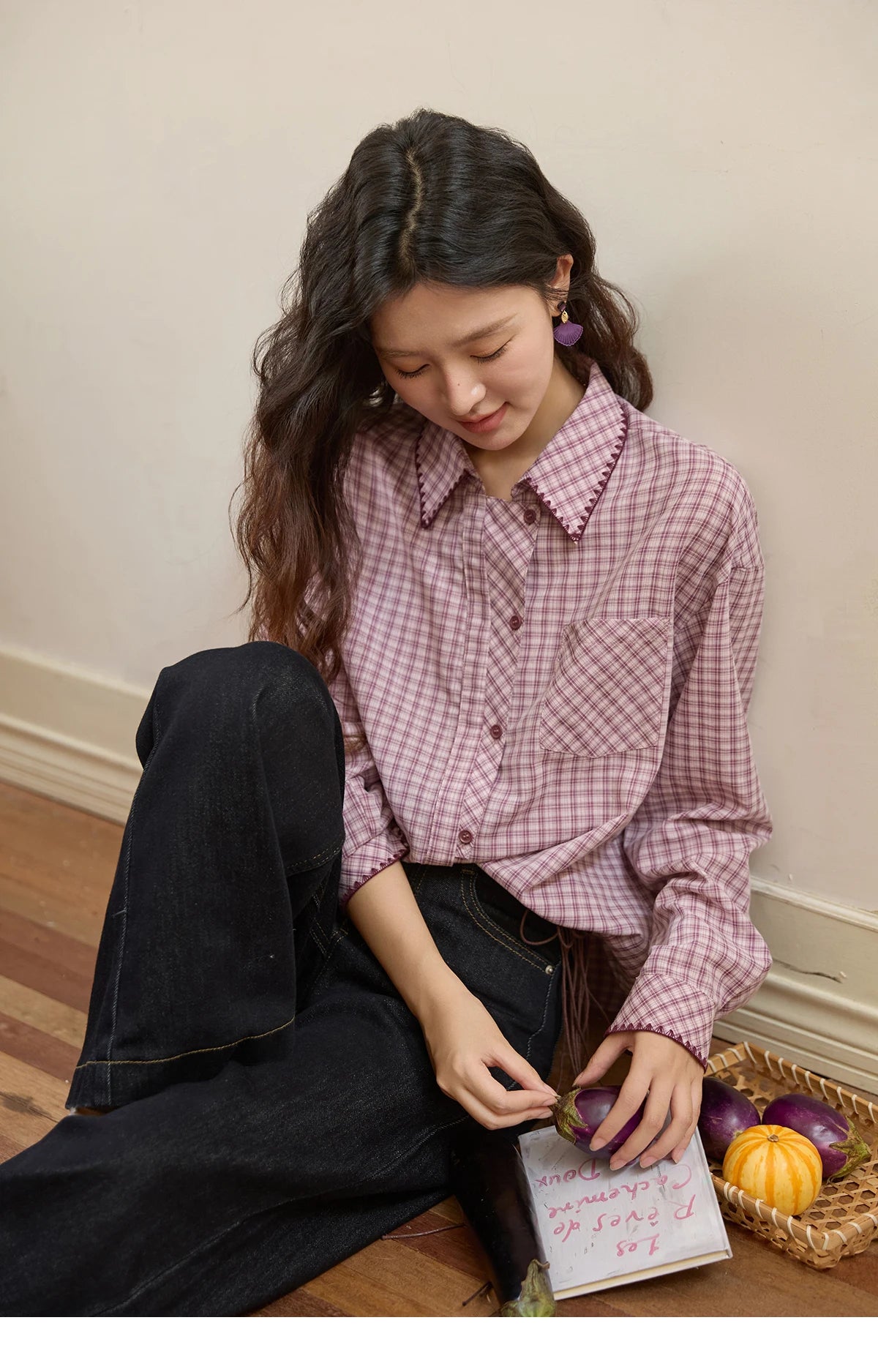 MISHOW Purple Plaid Shirt Contrast Embroidery Pocket MXE44C2394