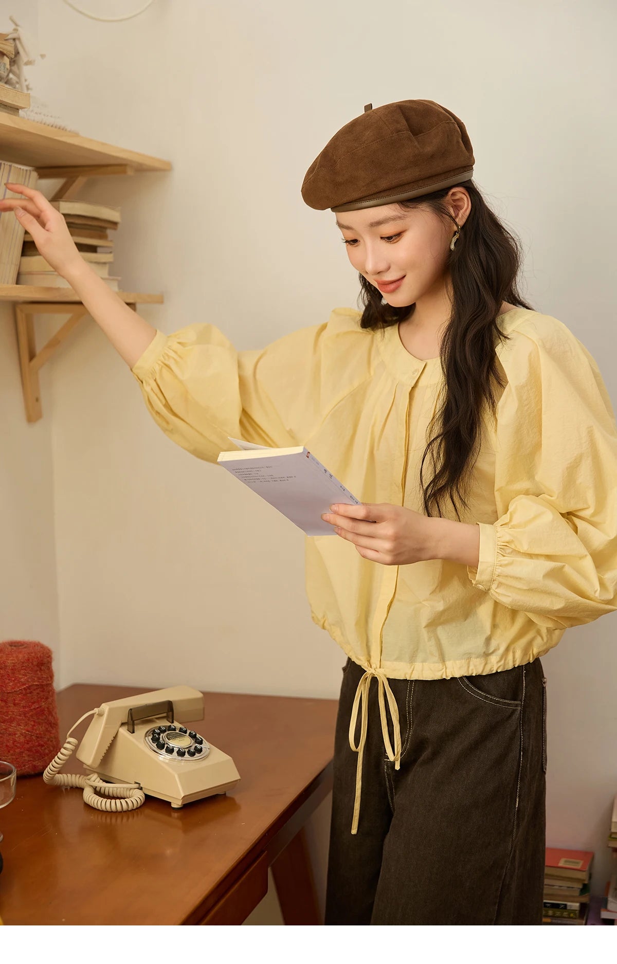 MISHOW Light Yellow Pleated Shirt Drawstring Hem Lantern Sleeve MXE45X2490