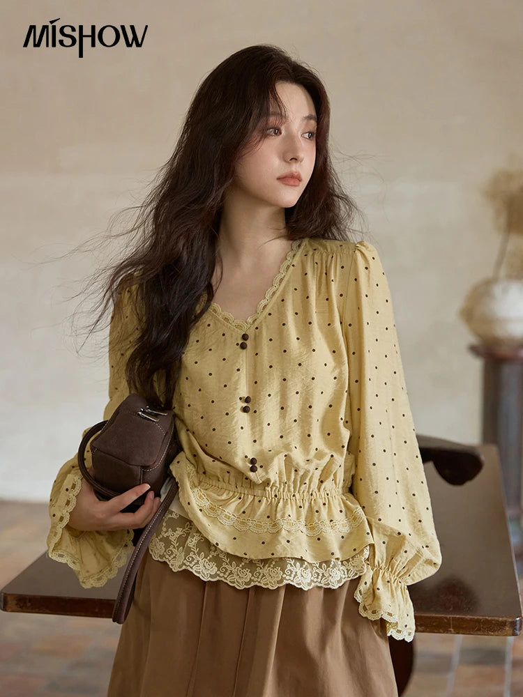 MISHOW Yellow Polka Dot Linen Blouse V-Neck Flare Sleeve MXE42X1975