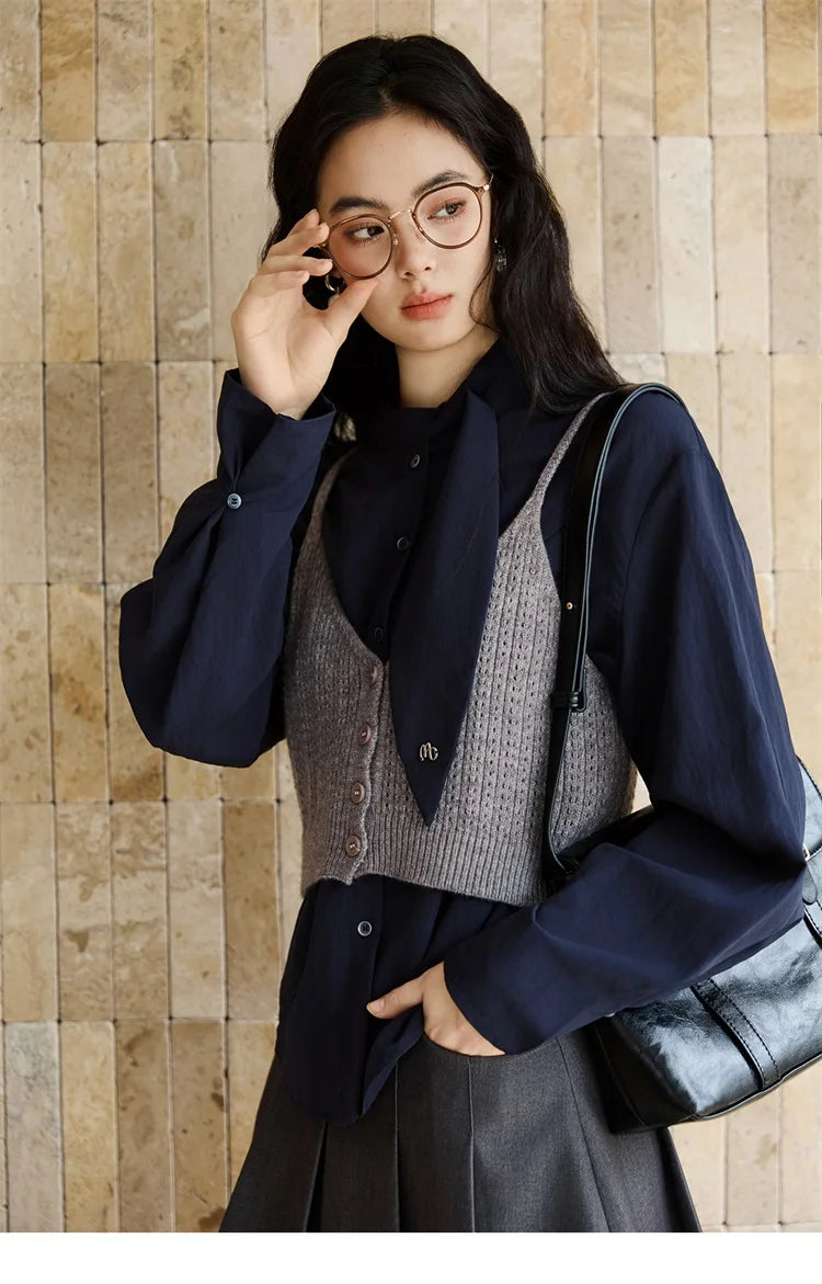 MISHOW Navy Ribbon Layered Shirt Knit Camisole Two-Piece Set MXE47T1412