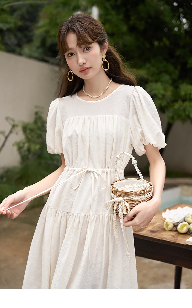 Mishow French Drawstring Waist Puff Sleeve Dress MXC38L1415