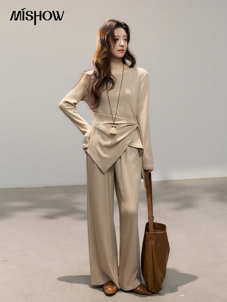 Mishow Khaki Asymmetrical Hem Top & Wide Leg Pants Set MXF11T1465