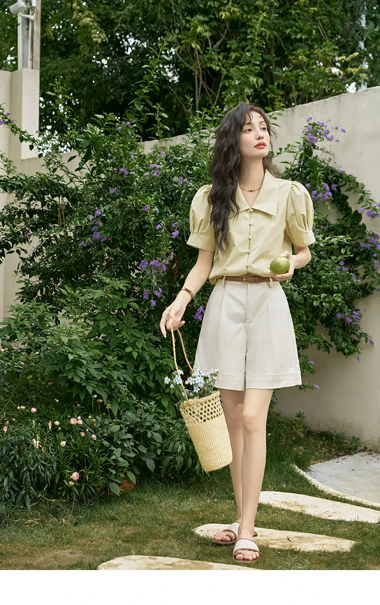 MISHOW Bubble Sleeve V-Neck Shirt Lapel Collar Loose MXD28X1471