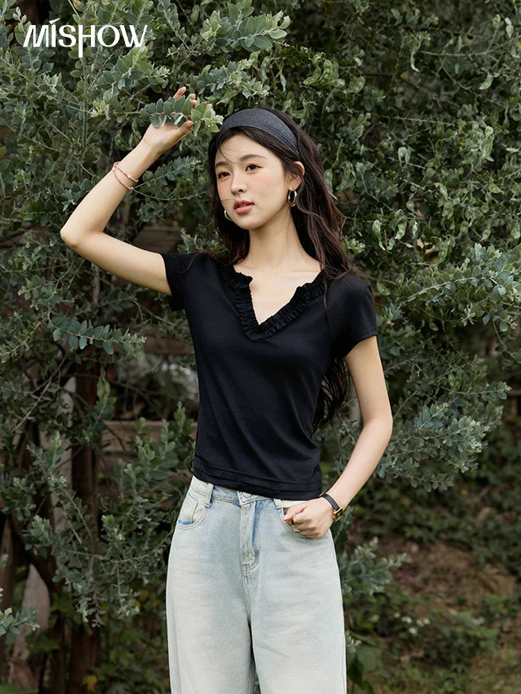 Mishow V-Neck Solid Straight Shoulder Tee MXE35T0562