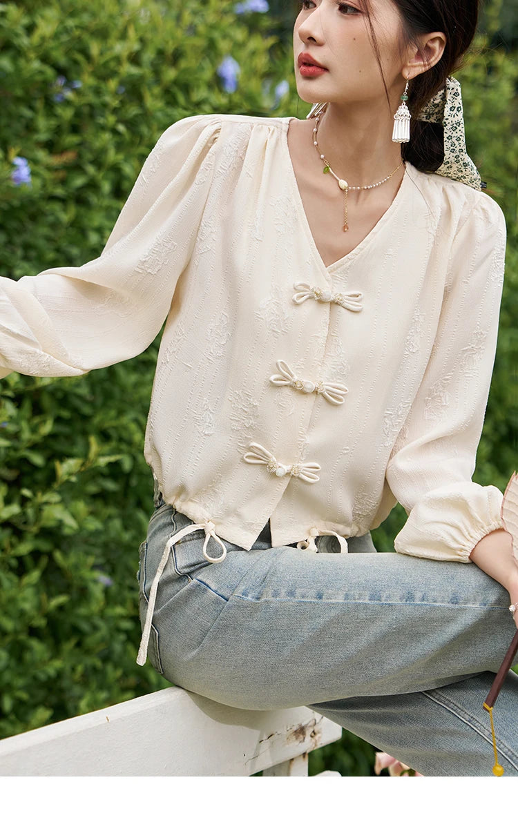 MISHOW Chinese Button Up Shirt Jacquard Drawstring Puff Sleeve MXD14X1386