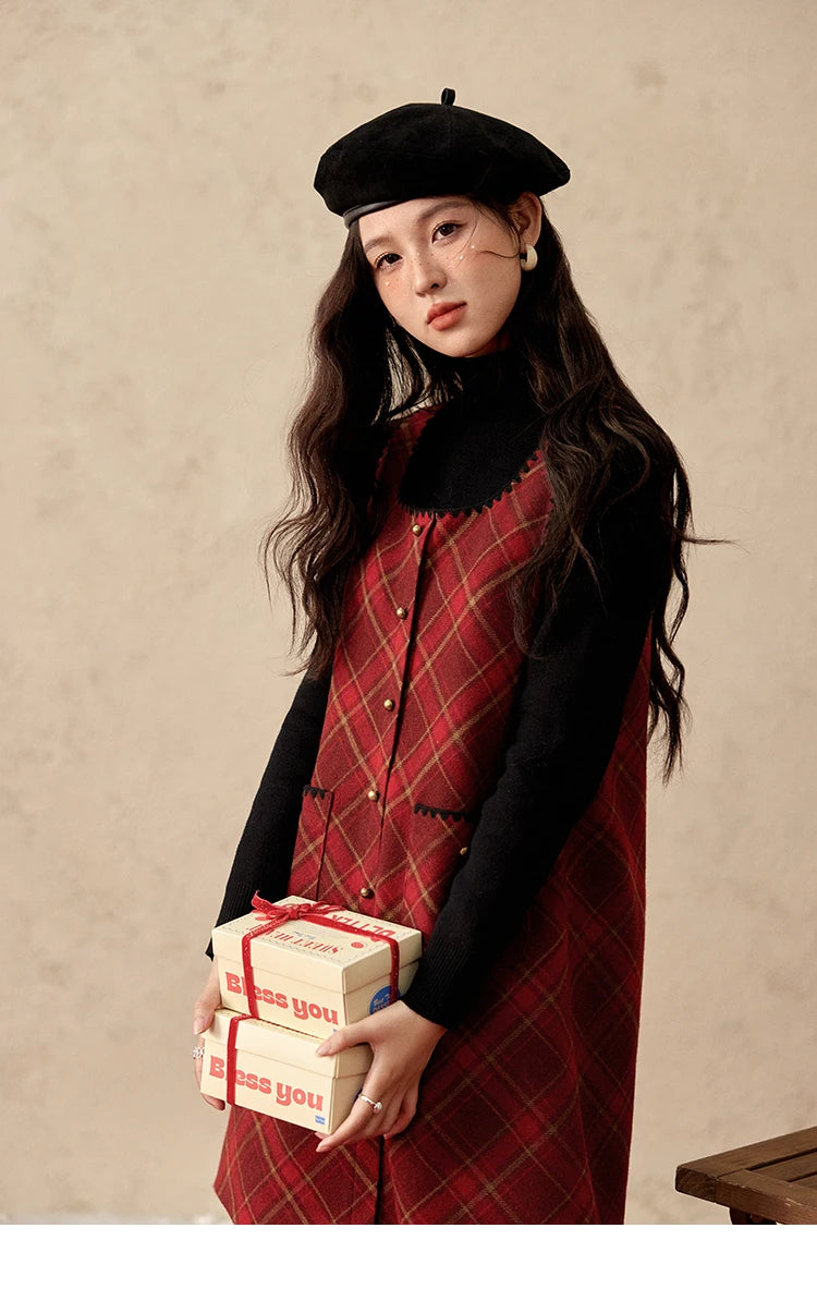 Mishow Plaid Square Neck Woolen Vest Dress MXD58L2078
