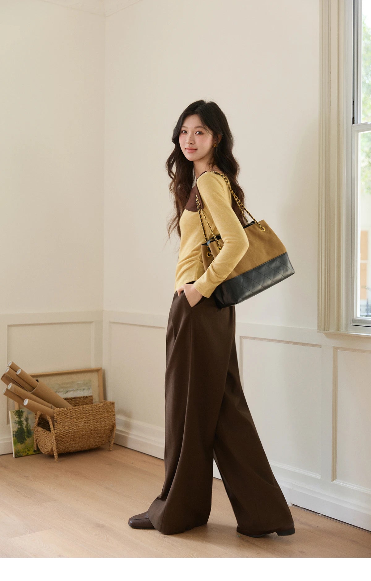 Mishow Yellow Brown Contrast Oblique Collar Knit Top MXF11Z2911