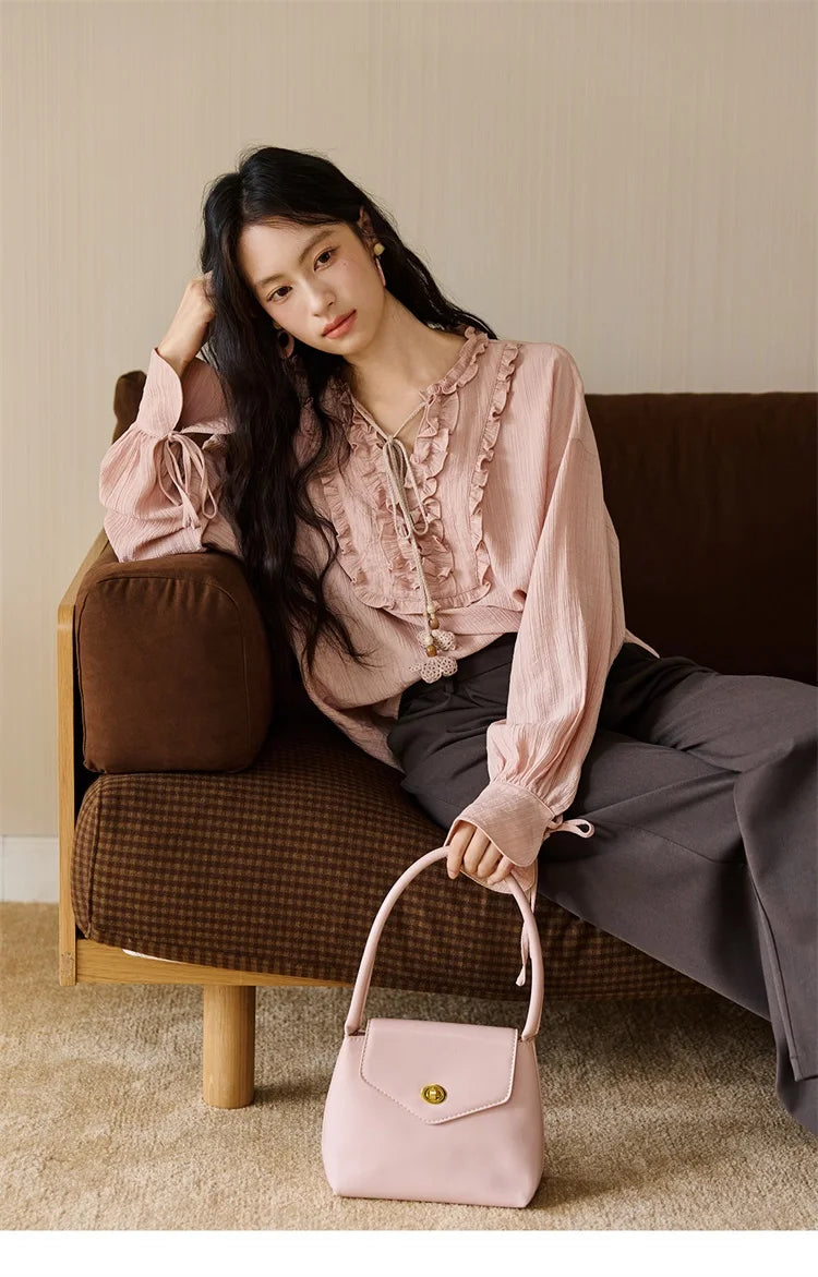 MISHOW Pink Blouse V-Neck Bubble Sleeve Fold Edge MXE45X2485