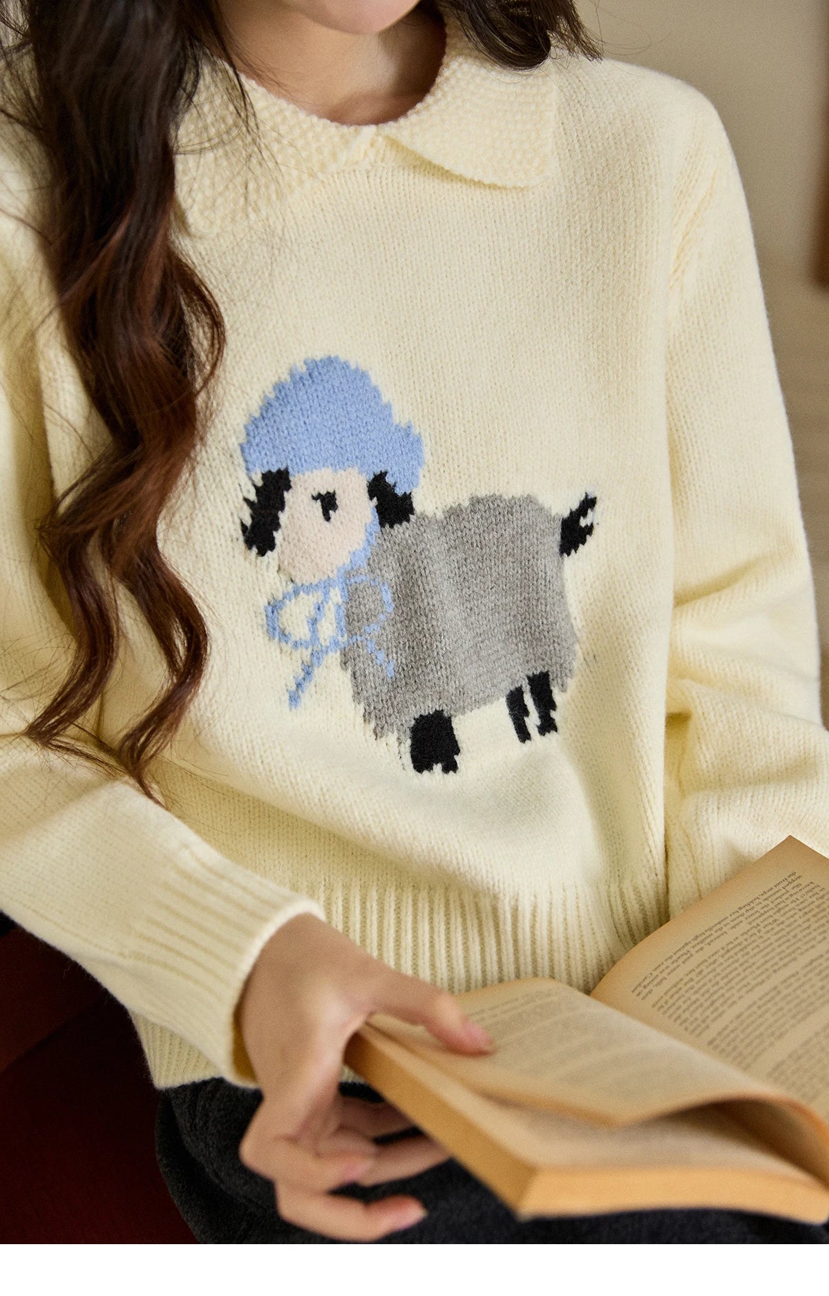 Mishow Beige Sheep Pattern Round Collar Sweater MXE94Z2962