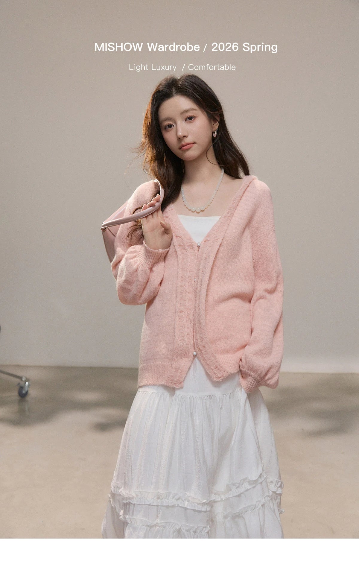 Mishow Pink Ruffled Pearl Button V-Neck Cardigan MXF108Z1028