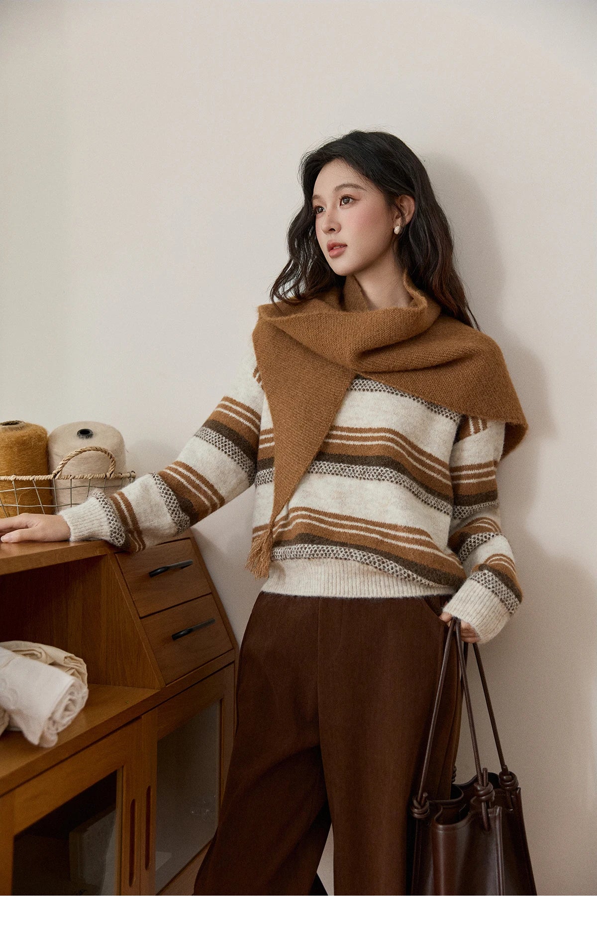Mishow Wool Blend Retro Striped Sweater with Scarf MXE94Z2987