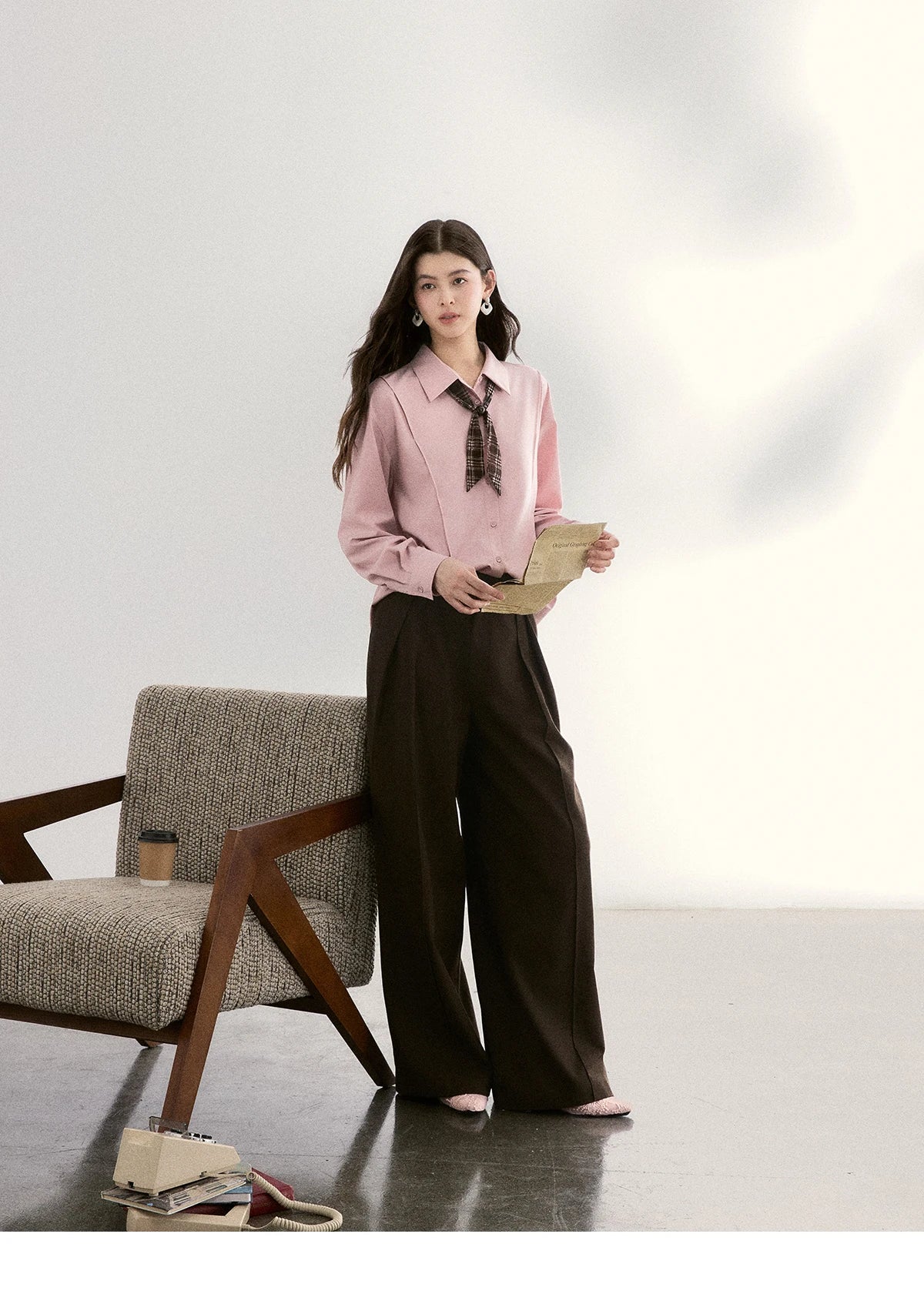 MISHOW Casual Loose Shirt with Plaid Scarf Lapel Top MXF108C0815