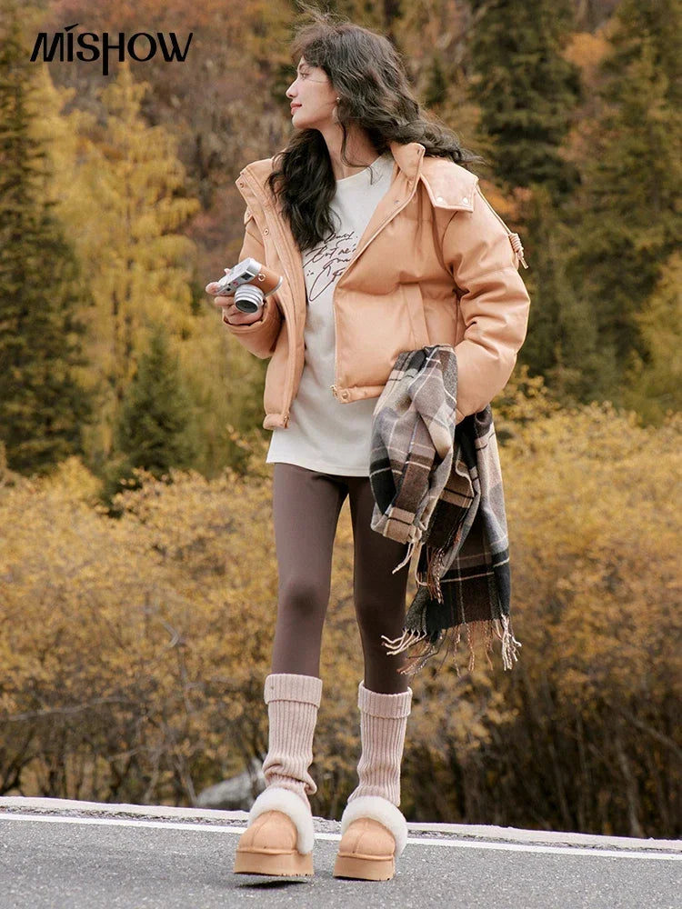 Mishow Hooded Imitation Leather Short Down Jacket MXC52Y0008
