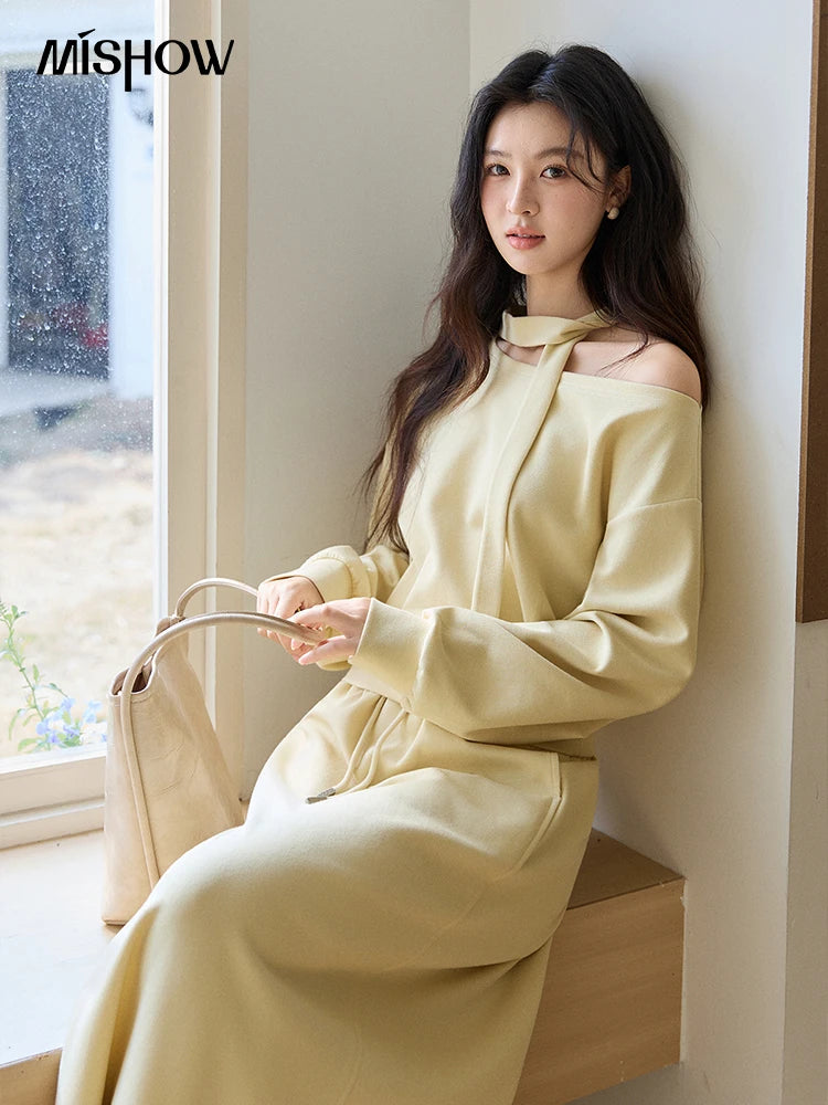 Mishow Light Yellow Off-Shoulder Top & Rear Fork Midi Skirt Set MXE11T1489