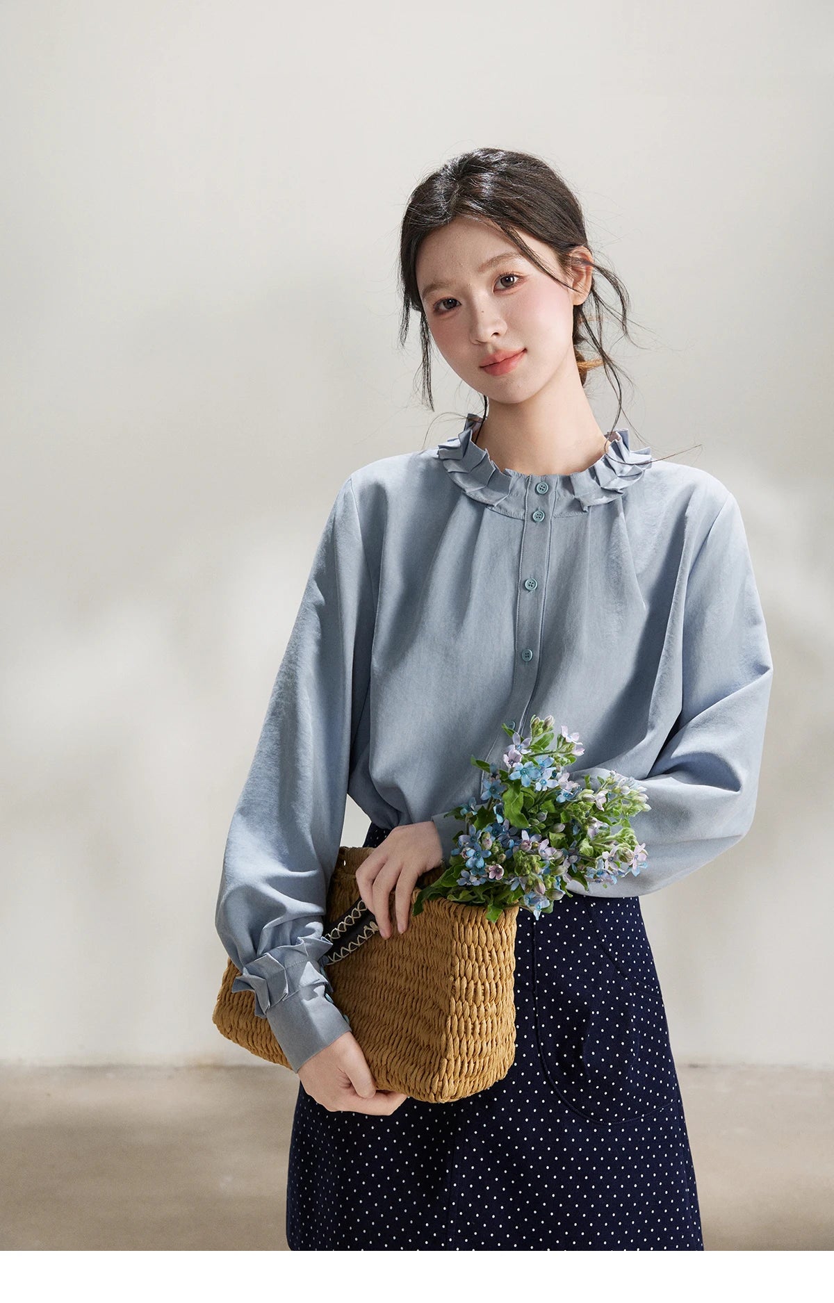 MISHOW Peach Skin Solid Shirt Ruffled Crew Neck MXF11C2431
