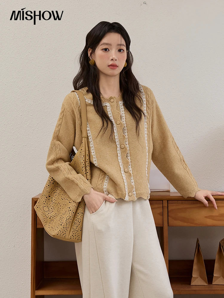 Mishow Yellow Lace Stitching Cable Knit Cardigan MXE51Z2546