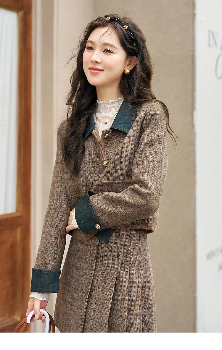 Mishow Fashion Retro Plaid Wool Jacket & Half Pleated Skirt Set MXC47W0154