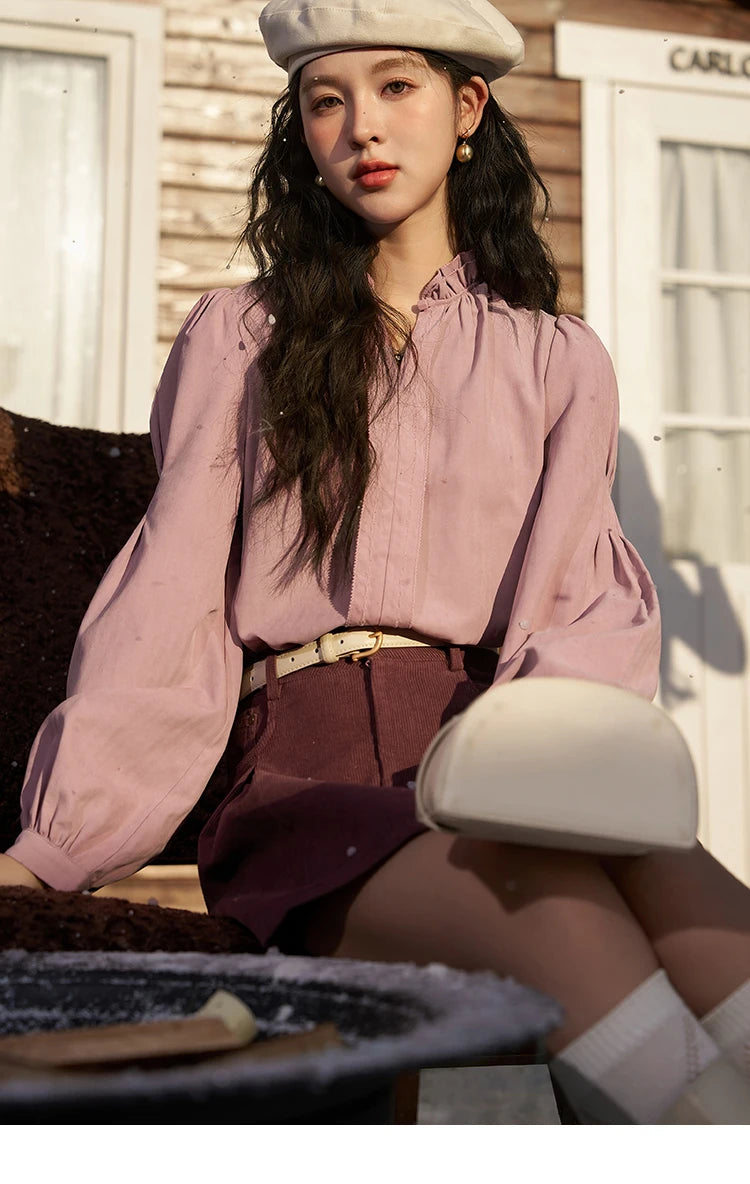 MISHOW Button Up Lantern Sleeve Shirt Ruffle Neck MXC56X1320