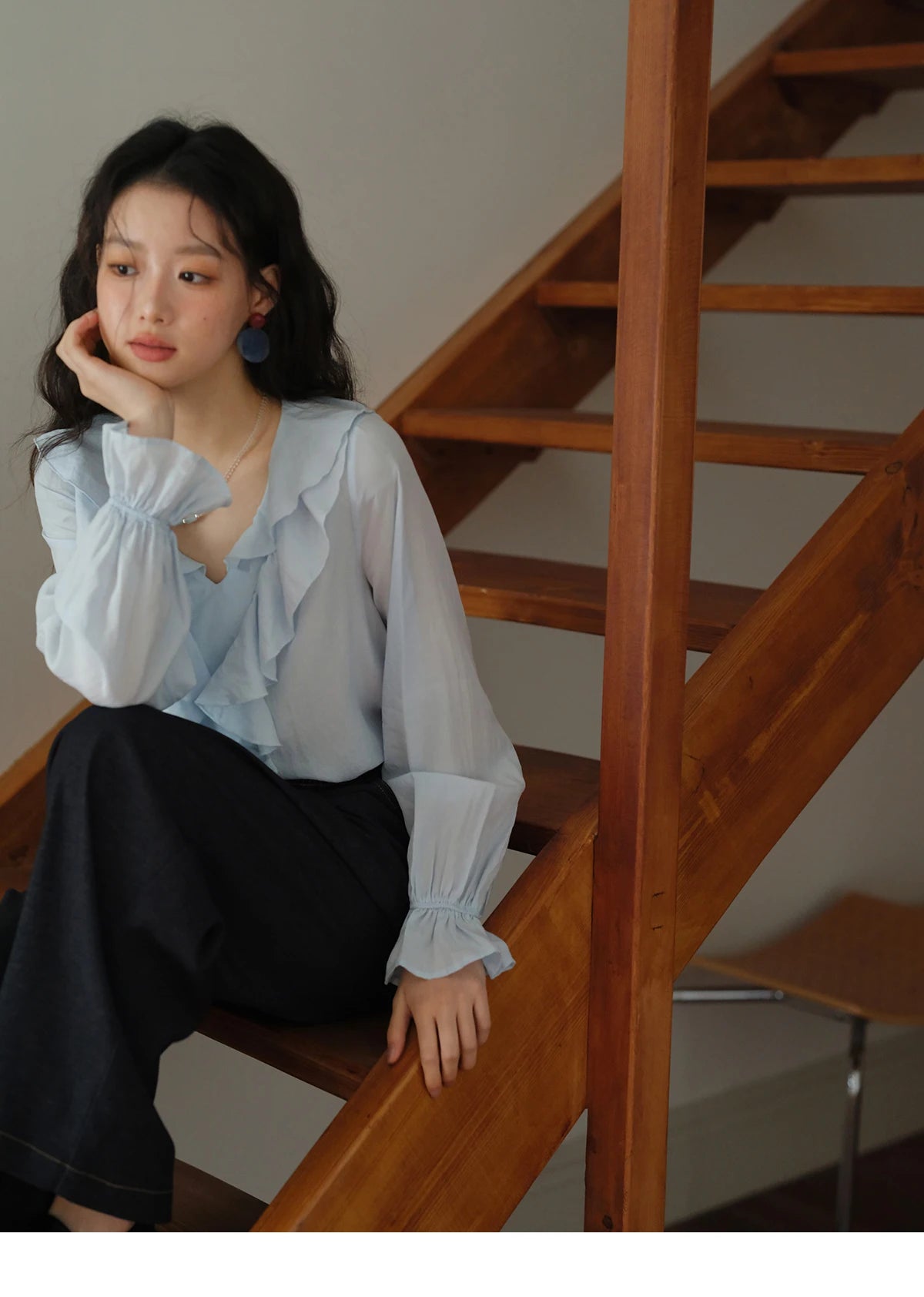MISHOW Blue Lyocell Ruffled Shirt Flared Sleeves MXE41X1969