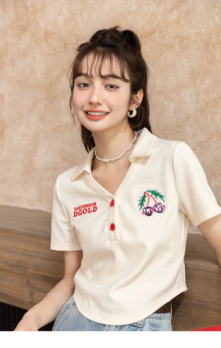 Mishow Korean Polo Collar Embroidery Letter Tee MXB32T0477