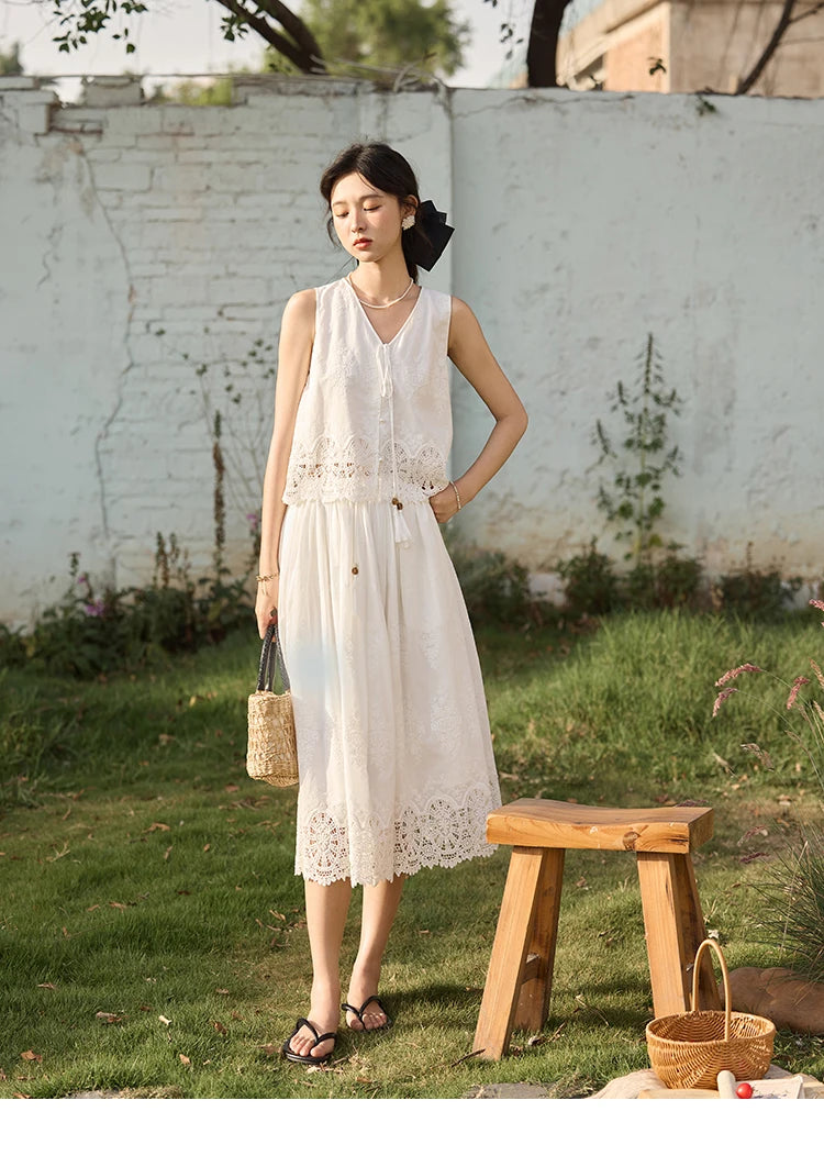 Mishow Embroidery V-Neck Lace Up Top & Elastic Waist Skirt Set MXE33T0593