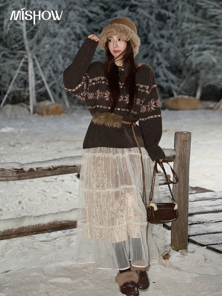 Mishow Brown Snowflake Jacquard Crew Neck Pullover MXE86Z2655