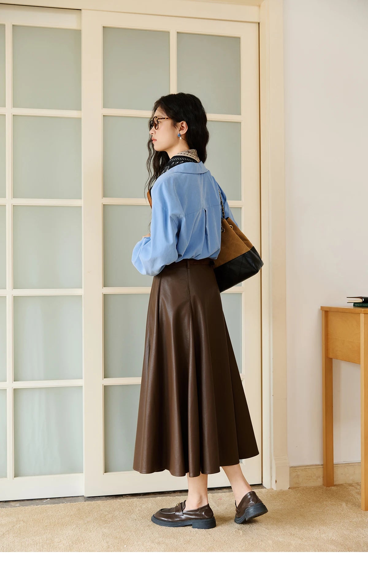 MISHOW PU Leather A-Line Skirt High Waist Retro Coffee MXE45B2412