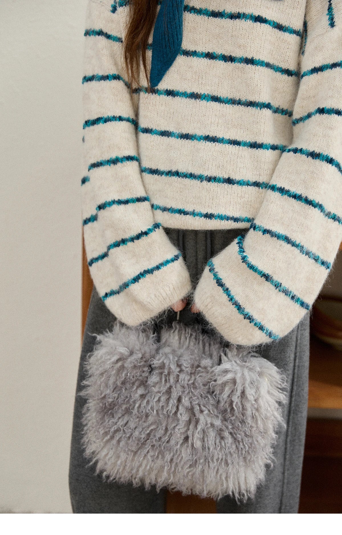 Mishow Blue Striped Alpaca Wool Sweater with Scarf Set MXE90Z2821