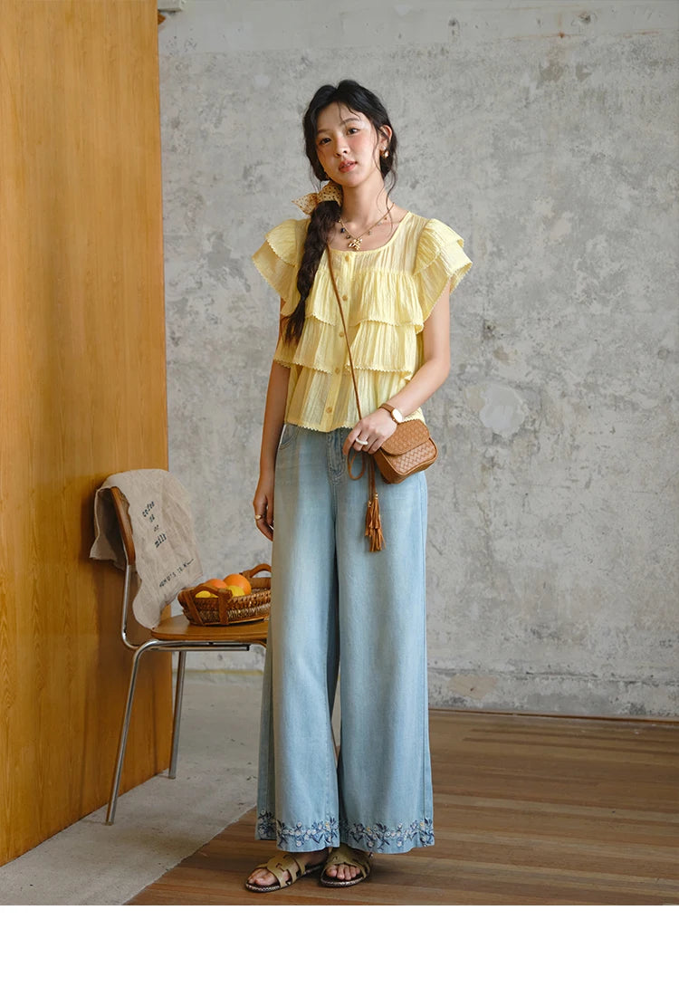 MISHOW Butterfly Sleeve Chiffon Shirt Square Neck Button MXD30X1488