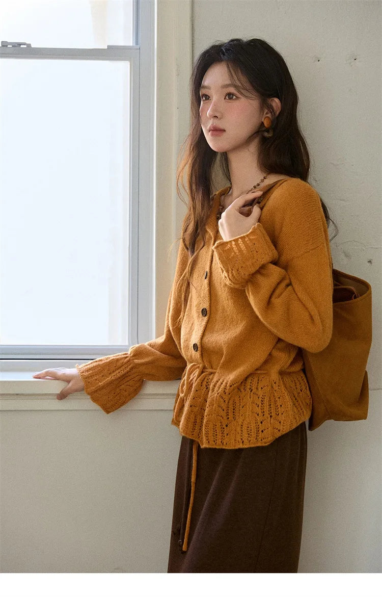 Mishow Orange Openwork Crochet Flared Sleeve Cardigan MXE87Z2685