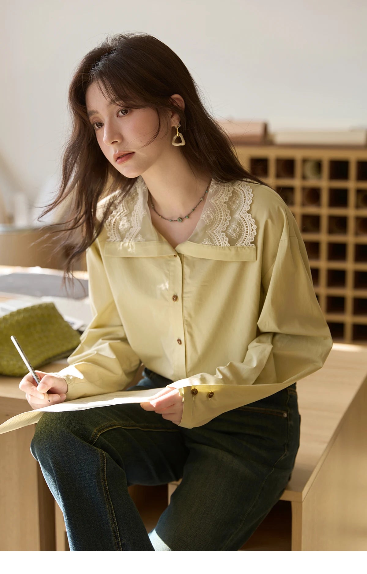 MISHOW Solid Cotton Shirt V-Neck Double Layer Lace MXE41C2366
