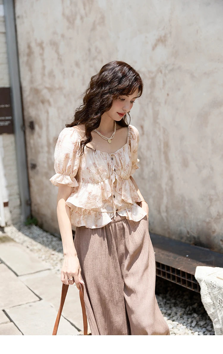 MISHOW Floral Print Square Neck Shirt Bubble Sleeve Patchwork MXD30X1565