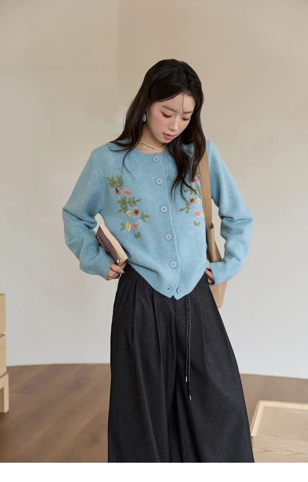 Mishow Blue Floral Embroidered Wool Cardigan MXE51Z2695