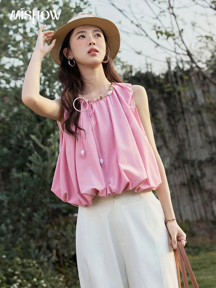 MISHOW Rose Red Sleeveless Blouse Round Neck Beaded Strap MXE32X1773