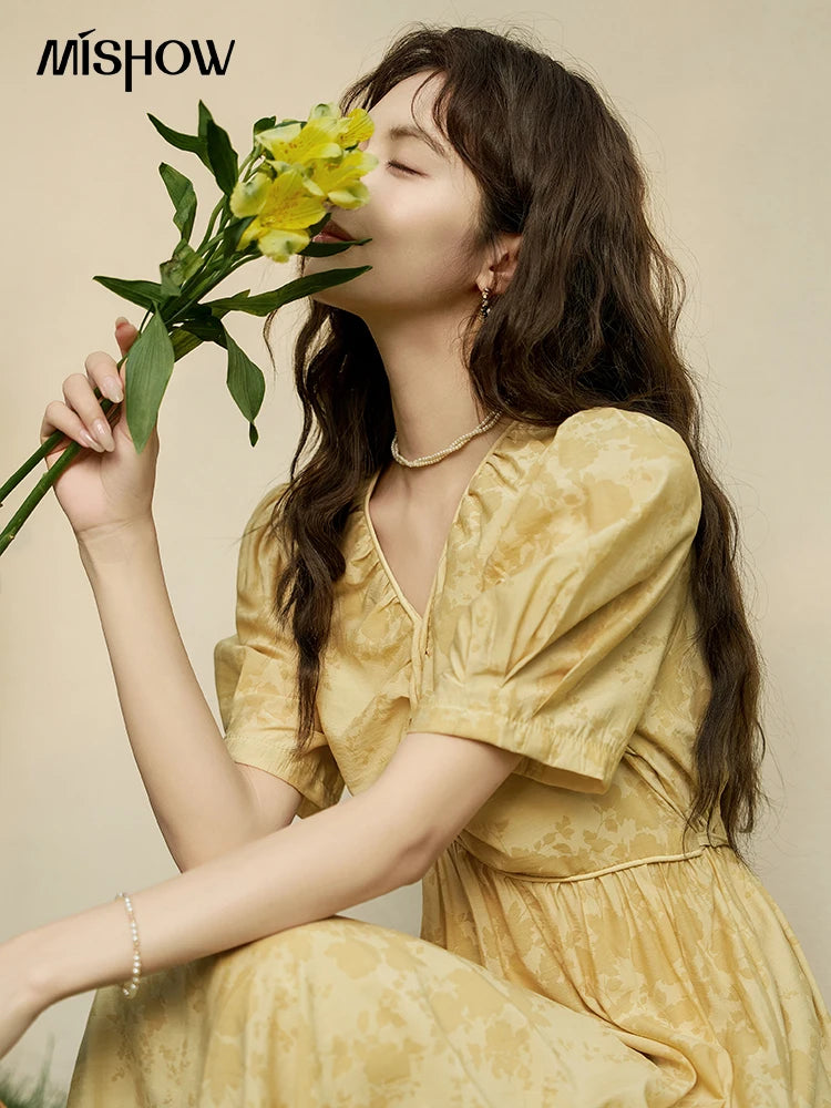 MISHOW French Chiffon Floral Puff Sleeve Dress MXD23L1878