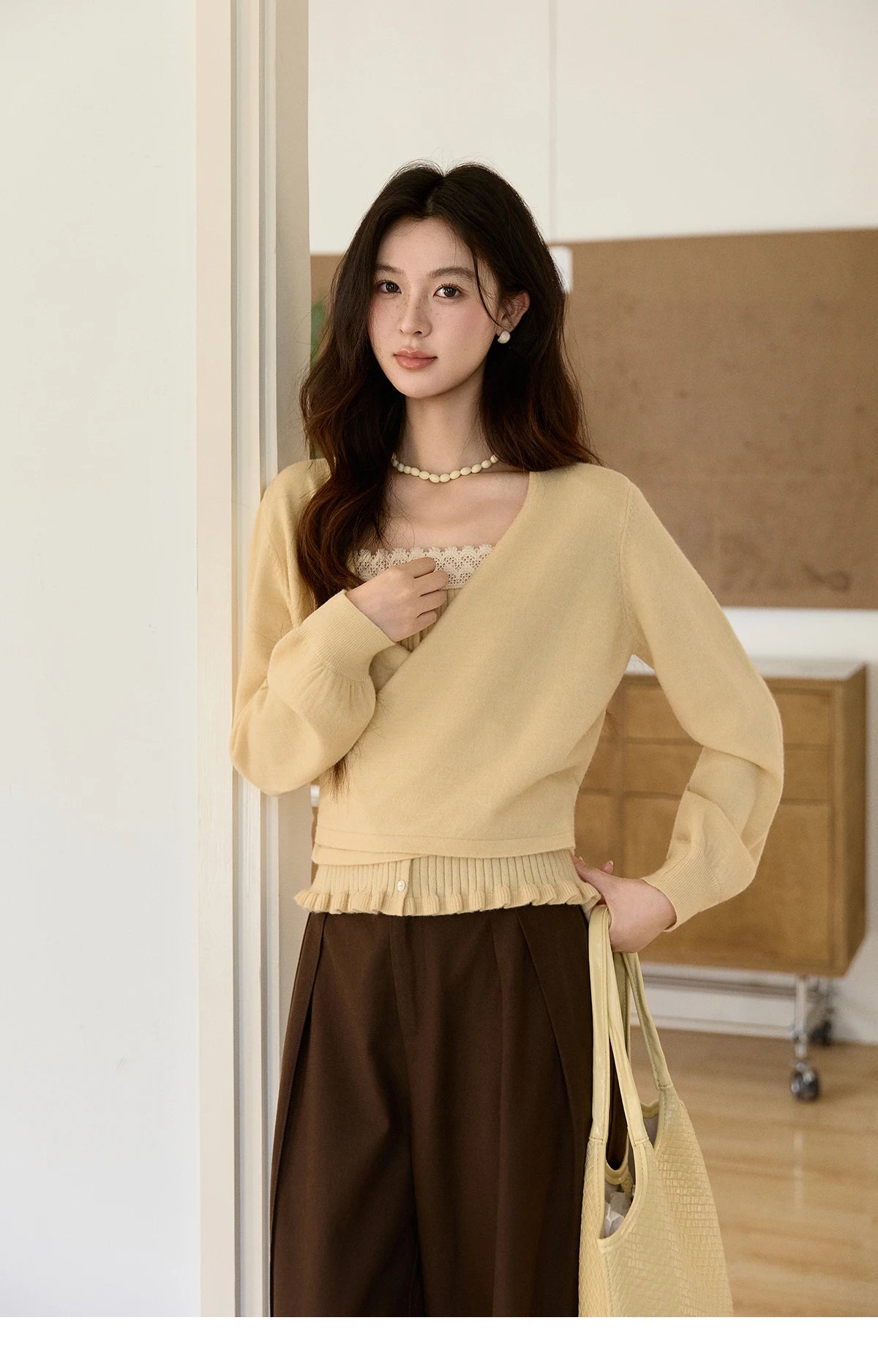 Mishow Yellow Ruffled Camisole & Lace Cardigan Set MXF11T1472