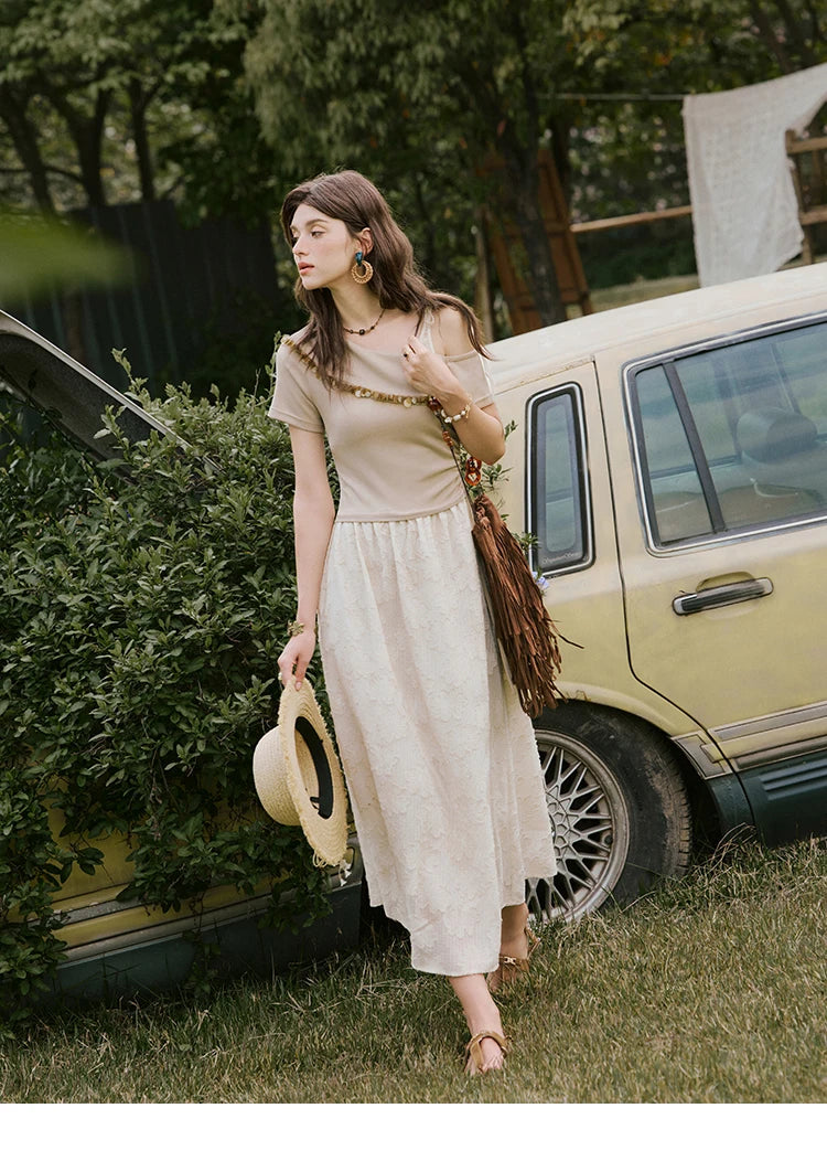 Mishow Off-Shoulder Knitted Patchwork Midi Dress MXE33L2207