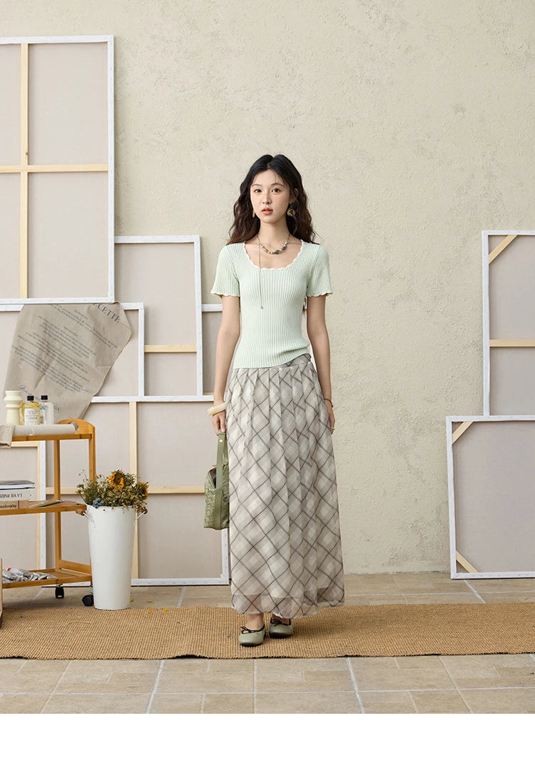 MISHOW Apricot Green Retro Plaid Skirt Pleated Chiffon High Waist A-Line MXE35B0747