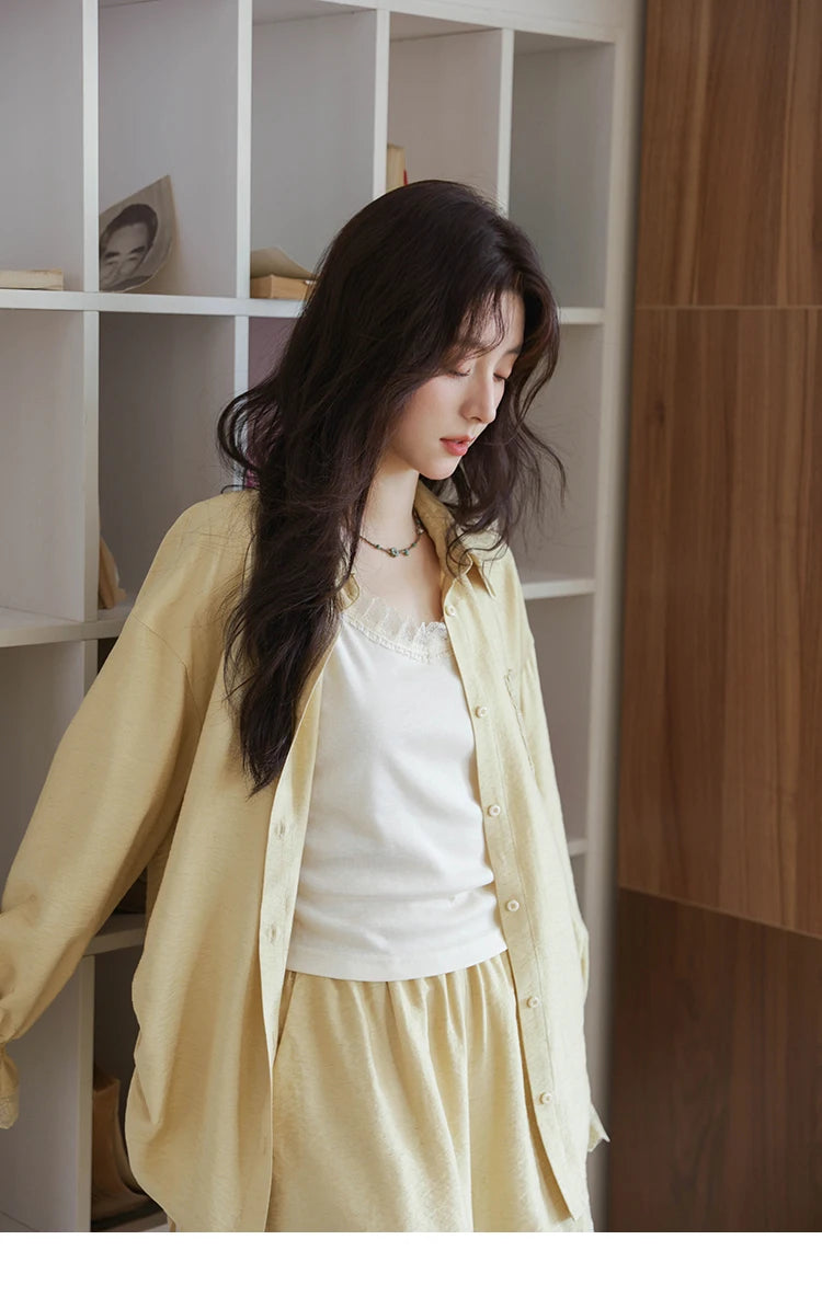 Mishow Yellow Linen Lace Shirt & Camisole & Shorts Three-Piece Set MXE42T0718