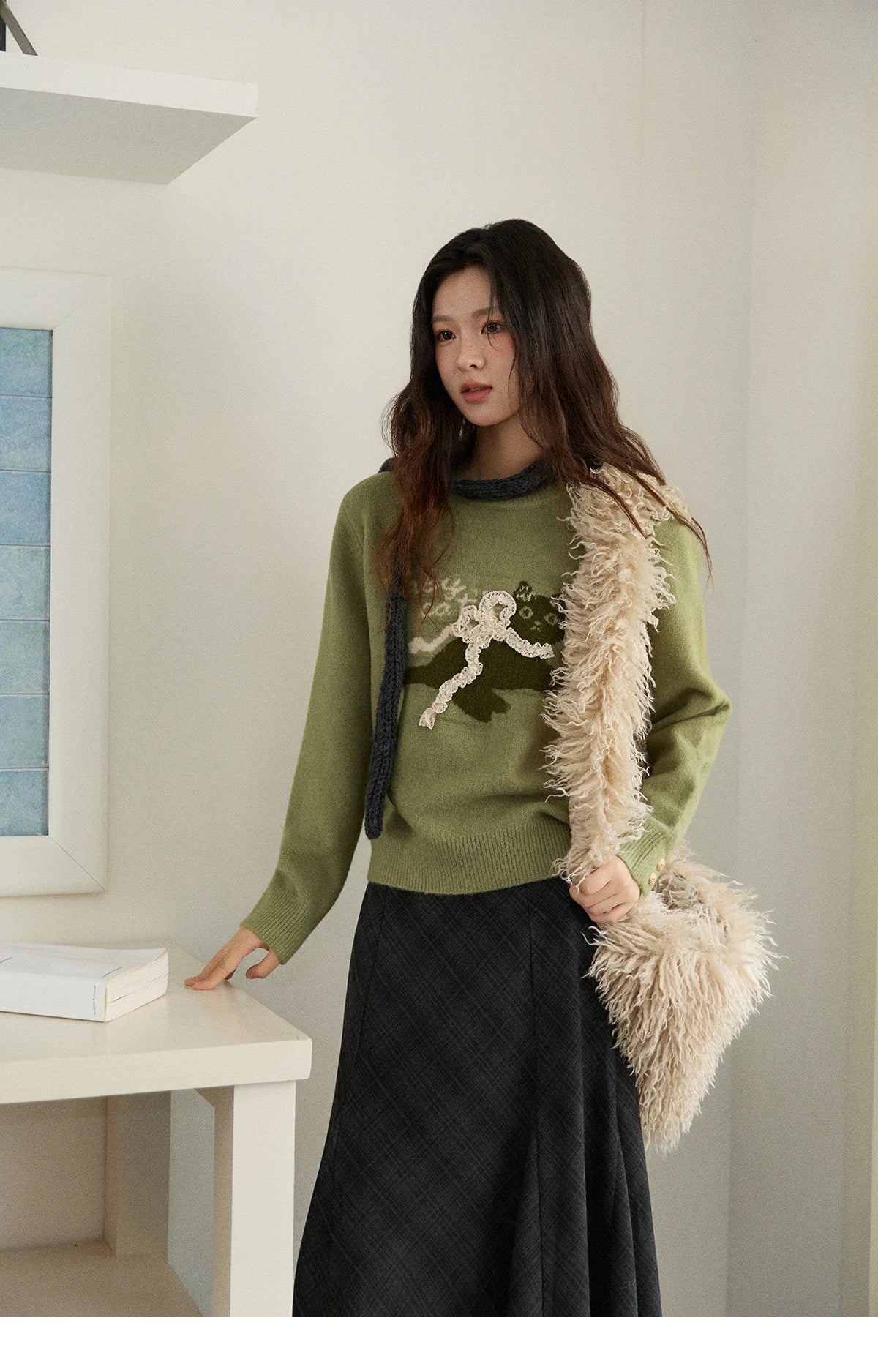 Mishow Cat Jacquard Three-Dimensional Bow Pullover MXE86Z2750