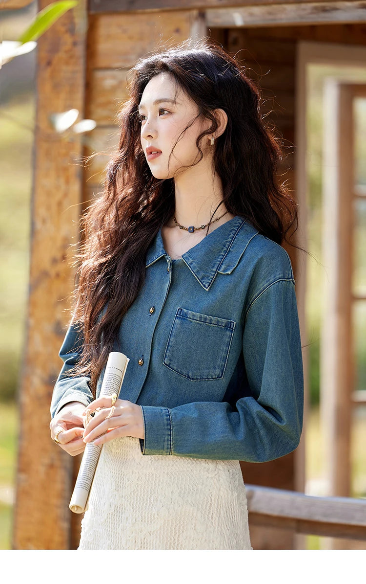 MISHOW Washed Denim Shirt Double Layered Patchwork Collar Metal Buckle MXE12C0751