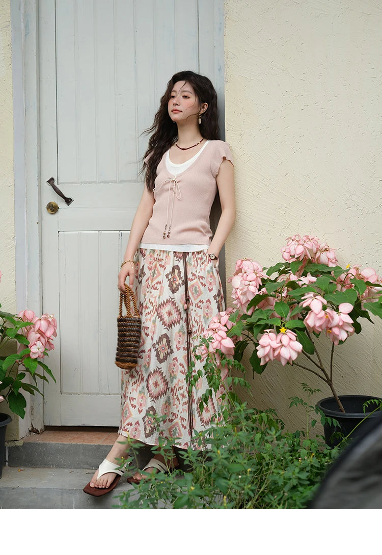Mishow Round Neck Patchwork Flying Sleeve Lace Up Top MXE37Z1278