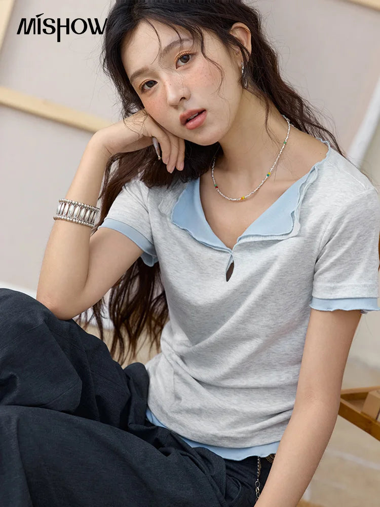 Mishow Grey Blue Fake Two-Piece Wavy Edge Tee MXE35T0567